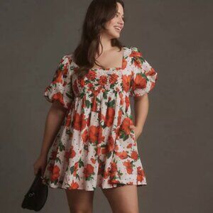 Anthropologie Maeve Square-Neck Smocked Babydoll Mini Floral Dress